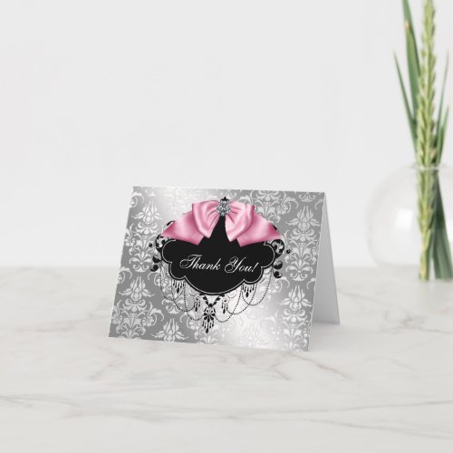 Pink Black Damask Baby Shower Thank You Card