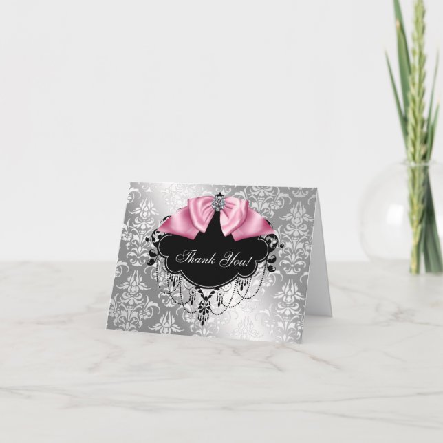 Pink Black Damask Baby Shower Thank You Card (Front)