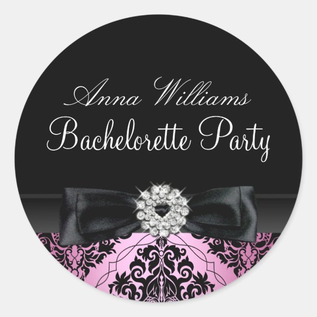 Pink & Black Damask Bachelorette Party Sticker (Front)