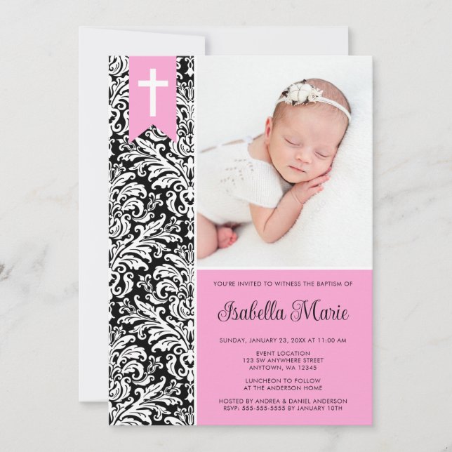 Pink Black Damask Banner Cross Photo Baptism Invitation (Front)