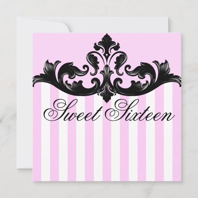 Pink & Black Damask Birthday Invitation (Front)