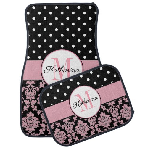 Pink Black Damask Black White Polka Dots Name Car Floor Mat