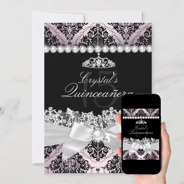 Pink Black Damask Bow Quinceanera Invite Zazzle