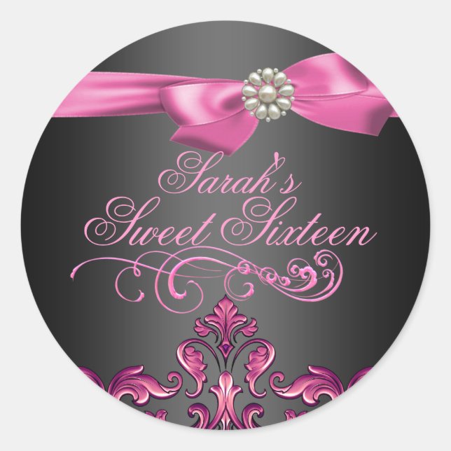 Pink/Black Damask & Bow Sweet 16 Envelope seal (Front)