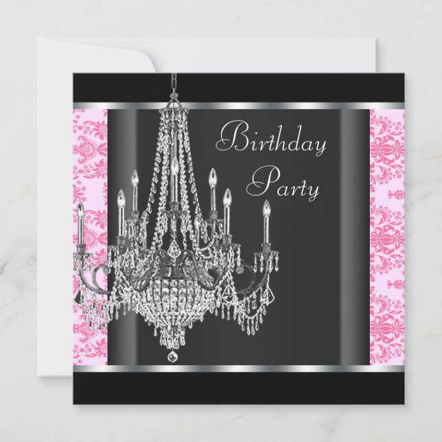 Pink Black Damask Chandelier Birthday Party Invitation (Front)