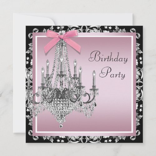Pink Black Damask Chandelier Birthday Party Invitation