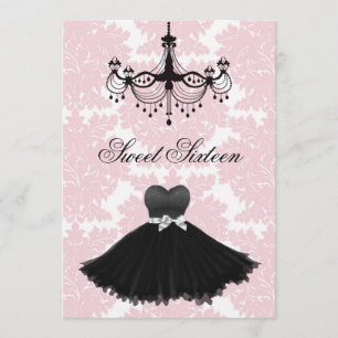 Pink Black Damask Chandelier Sweet Sixteen Birthda Invitation