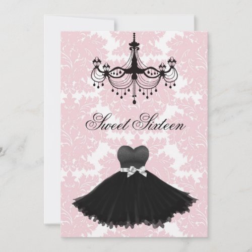 Pink Black Damask Chandelier Sweet Sixteen Birthda Invitation