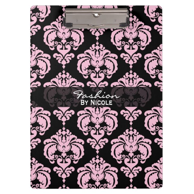 Pink & Black Damask Chic Elegant Glam Personalized Clipboard (Front)