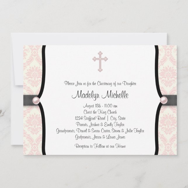 Pink Black Damask Christening Invitation (Front)