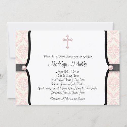 Pink Black Damask Christening Custom Invitations