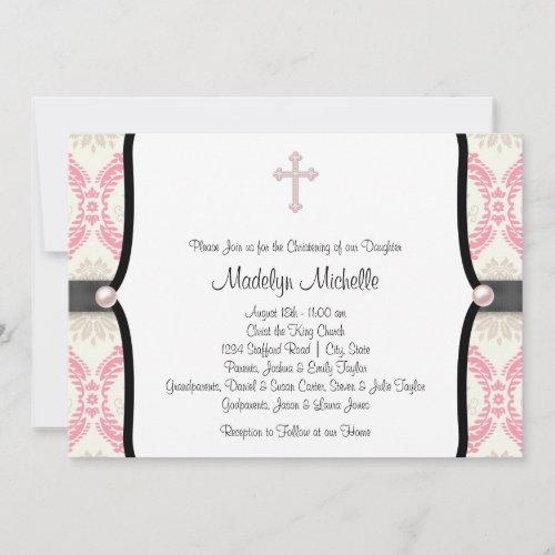 Pink Black Damask Christening Personalized Invitation