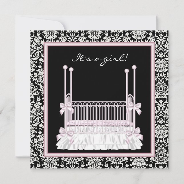 Pink Black Damask Crib Baby Girl Shower Invitation (Front)