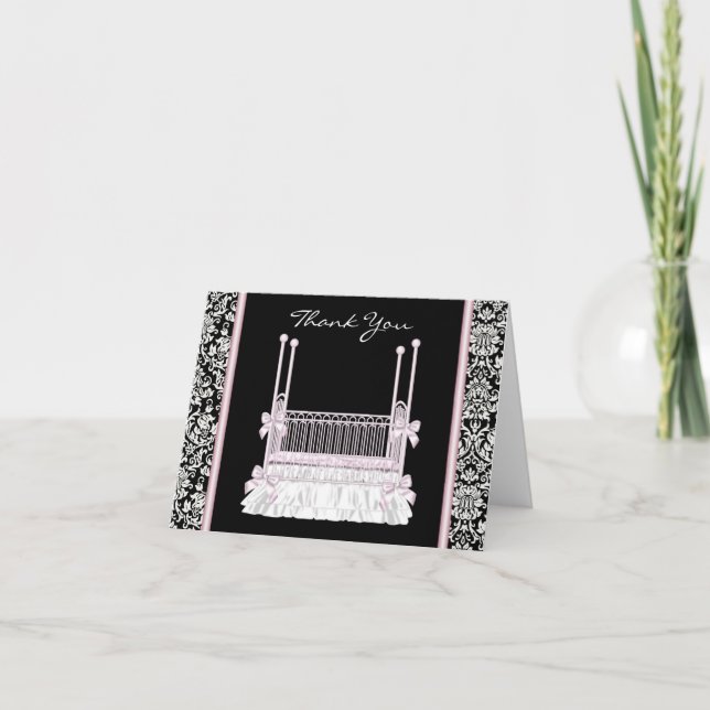 Pink Black Damask Crib Baby Shower Thank You Cards (Front)