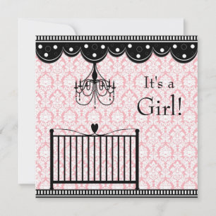 Pink Black Damask Crib Chandelier Baby Shower Invitation