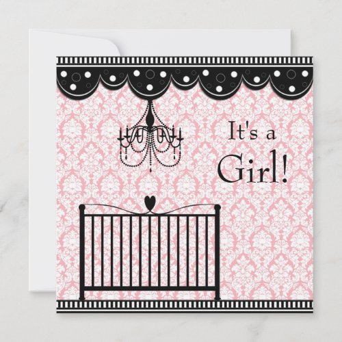 Pink Black Damask Crib Chandelier Baby Shower Invitation