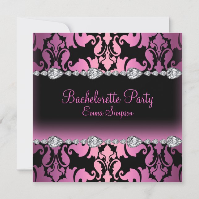 Pink & Black Damask & Diamond Bachelorette Invite (Front)