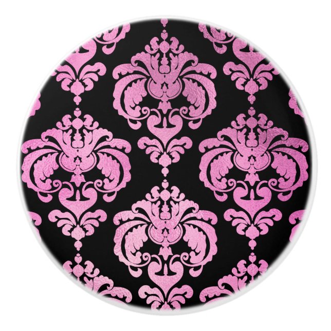 Pink & Black Damask Elegant Bedroom Dresser Ceramic Knob (Front)
