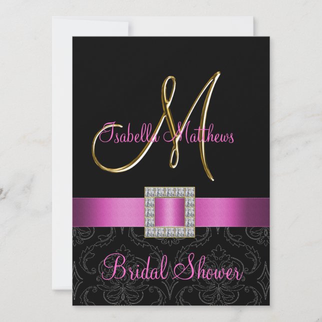 Pink Black Damask Gold Initial Bridal Shower Invitation (Front)