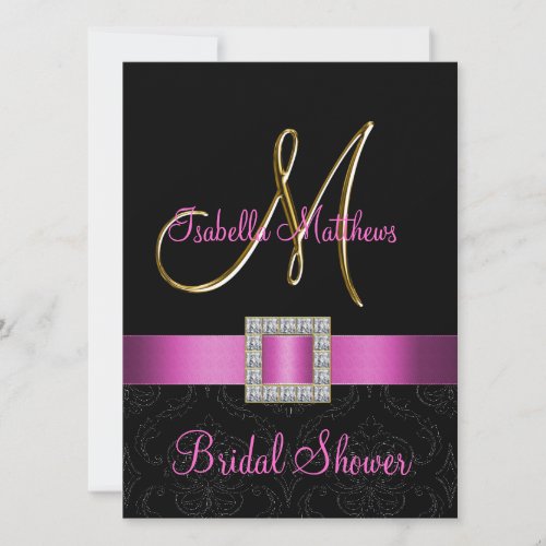 Pink Black Damask Gold Initial Bridal Shower Custom Invites