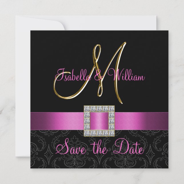 Pink Black Damask Gold Initial Save the Date (Front)