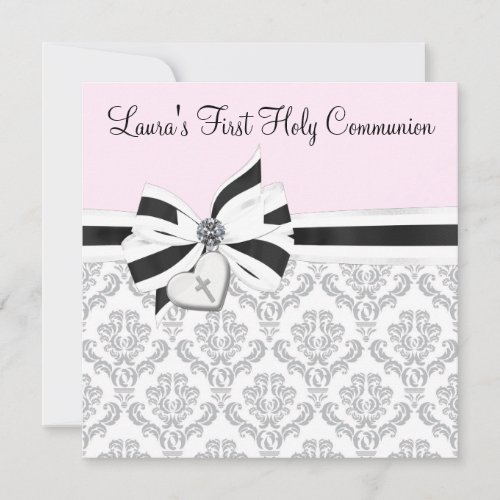 Pink Black Damask Heart Cross First Communion Announcement
