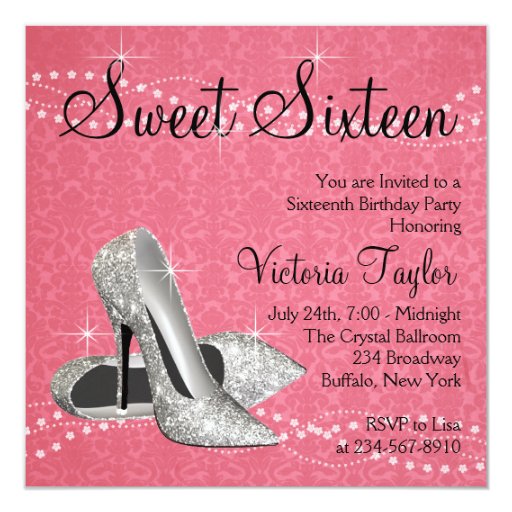 Pink Black Damask High Heels Sweet 16 Party Card | Zazzle