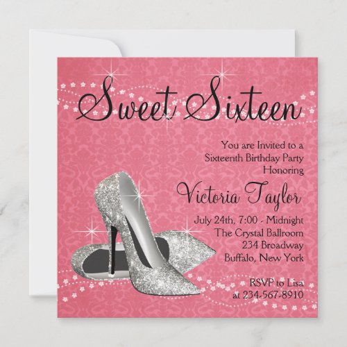 Pink Black Damask High Heels Sweet 16 Party Personalized Invites