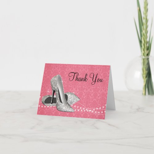 Pink Black Damask High Heels Thank You Card