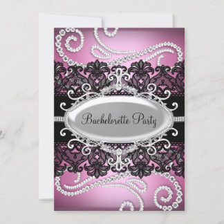 Pink Black Damask Lace & Jewels Bachelorette Party Invitation