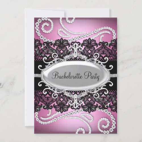 Pink Black Damask Lace  Jewels Bachelorette Party Invitation