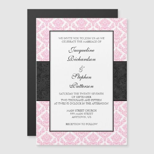 Pink Black Damask Magnetic Wedding Invites