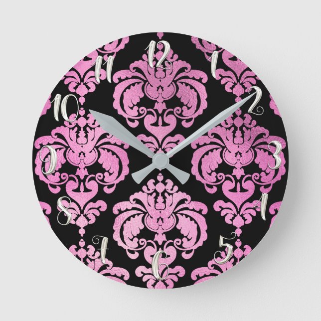 Pink & Black Damask Modern Personalized Round Clock (Front)
