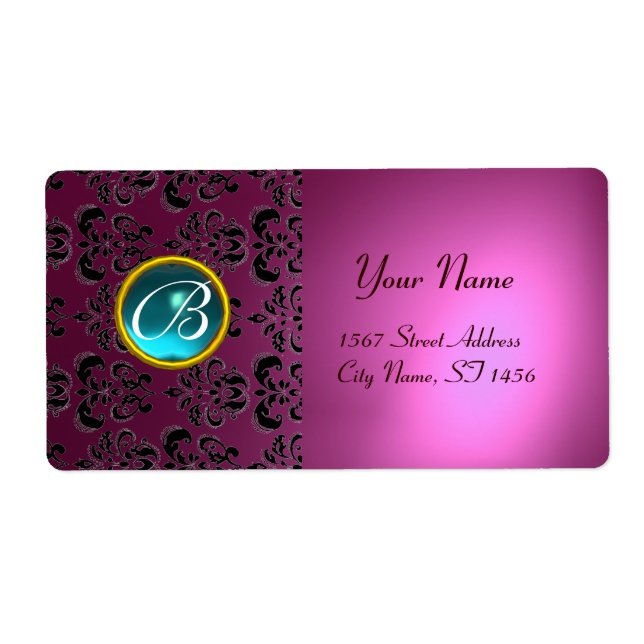 PINK BLACK DAMASK MONOGRAM,blue aquamarine Label (Front)