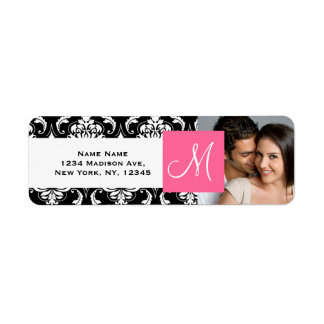 Pink Black Damask Monogram Engagement Photo Label