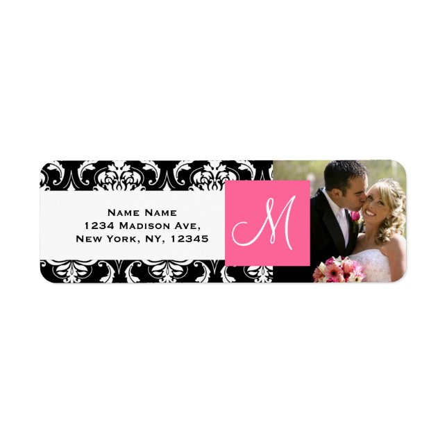 Pink Black Damask Monogram Photo Wedding Label (Front)