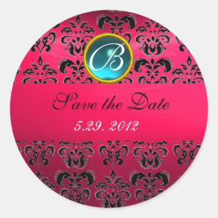 PINK BLACK DAMASK MONOGRAM ,red ruby ,fuchsia blue Classic Round Sticker