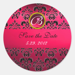 PINK BLACK DAMASK MONOGRAM ,red ruby ,fuchsia Classic Round Sticker