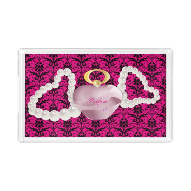 Pink & Black Damask Parfum & Pearls Vanity Tray (Front)