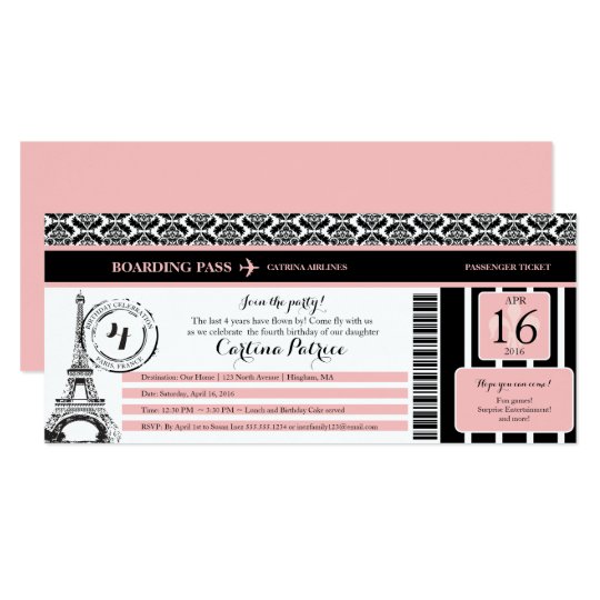 Pink Black Damask Paris Birthday Boarding Pass Invitation Zazzle Com