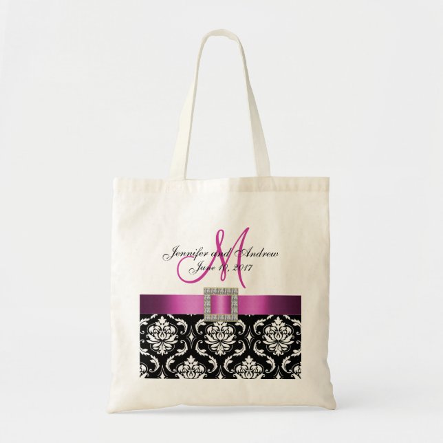 Pink, Black Damask Personalized Wedding Tote Bag (Front)