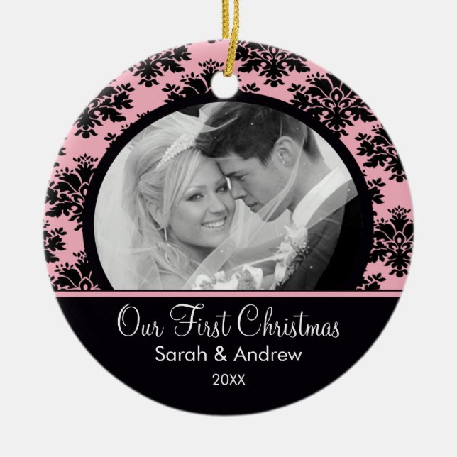Pink & Black Damask Photo First Christmas Ornament (Front)
