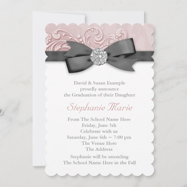 Pink Black Damask Photo Graduation Announcements (Back)