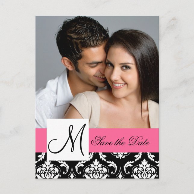 Pink, Black Damask Photo Save the Date Postcard (Front)