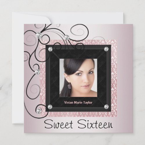 Pink Black Damask Photo Sweet 16 Party Custom Invitation