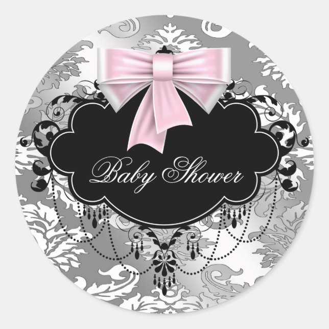 Pink Black Damask Pink Black Baby Shower Sticker (Front)