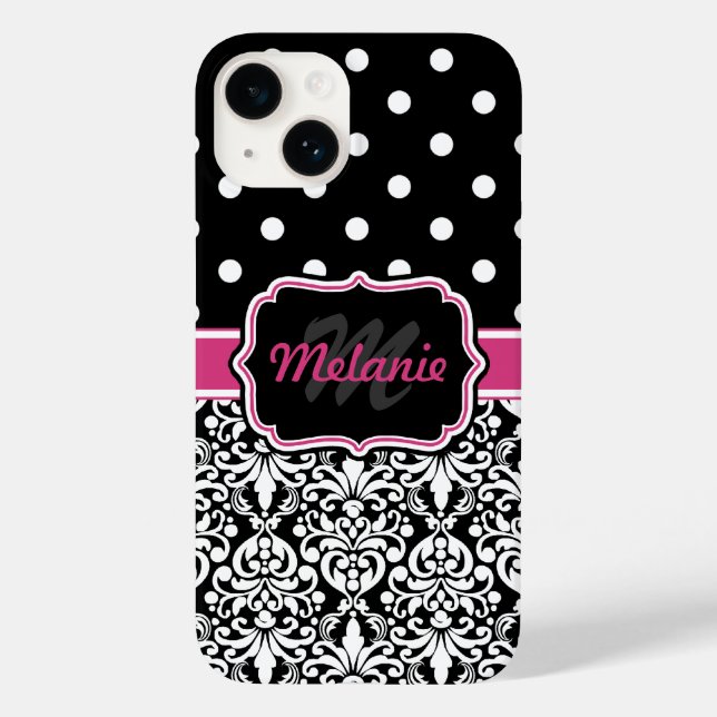 Pink Black Damask Polka Dots Pattern Monogram Case-Mate iPhone Case (Back)