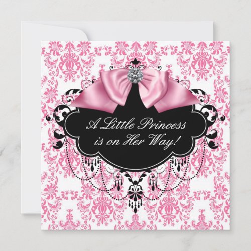 Pink Black Damask Princess Baby Shower Invitation
