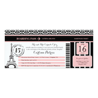 Pink Black Damask Quinceanera Paris Boarding Pass Card