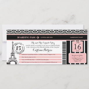 Pink Black Damask Quinceanera Paris Boarding Pass Invitation